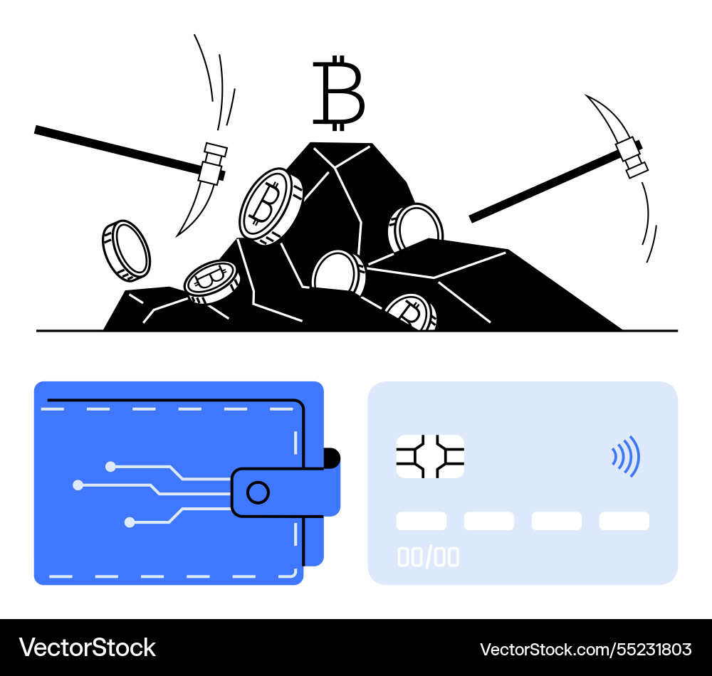 Bitcoin mining with tools above rock and digital Bitcoin mining with tools above rock and digital Vector Image