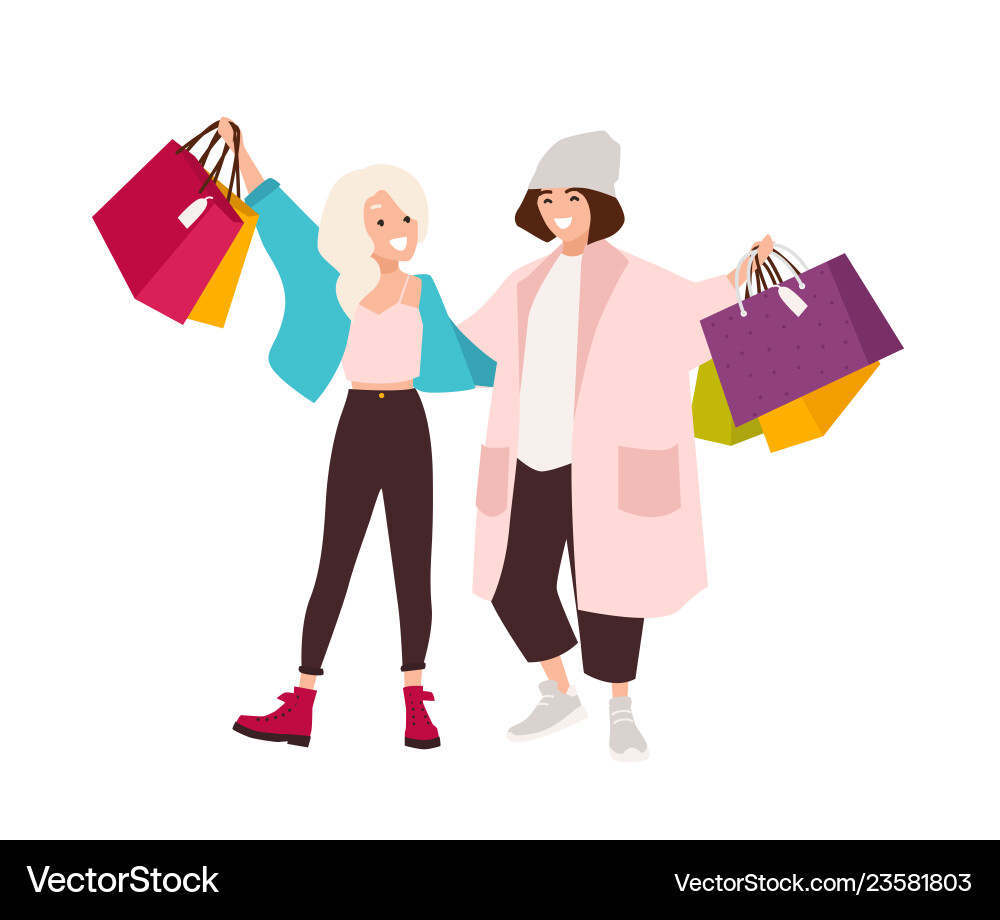 Pair of happy teenage girls carrying shopping bags Pair of happy teenage girls carrying shopping bags vector image