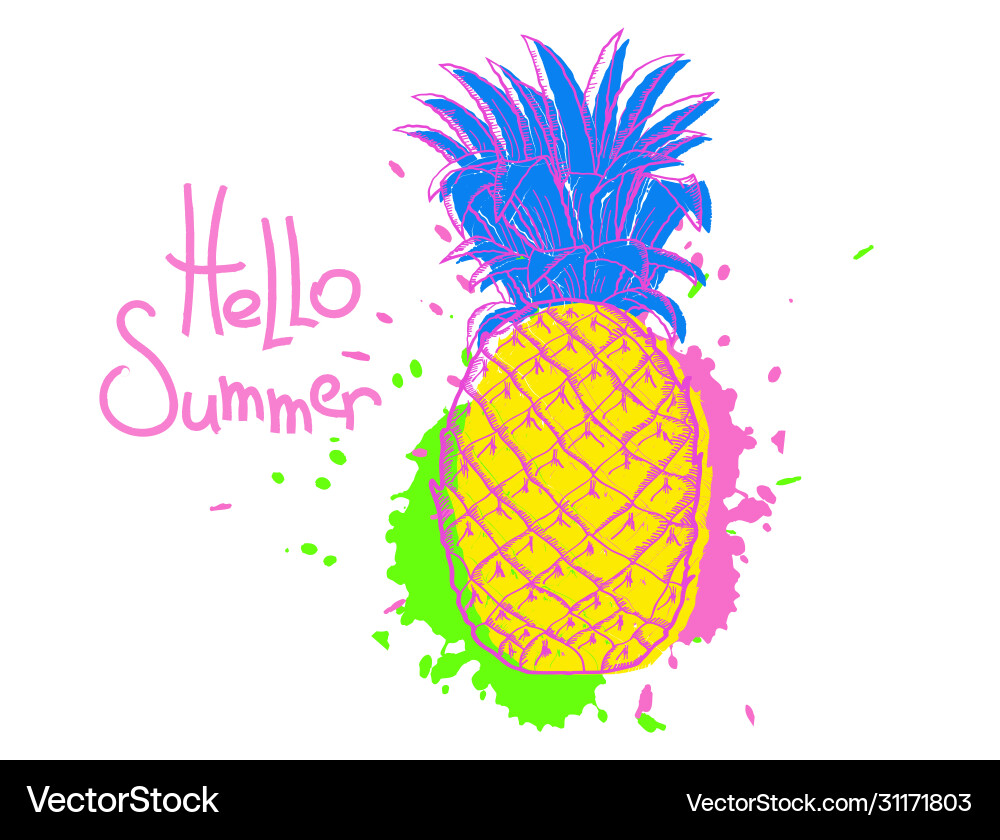 Pineapple hello summer retro multicolored color vector image