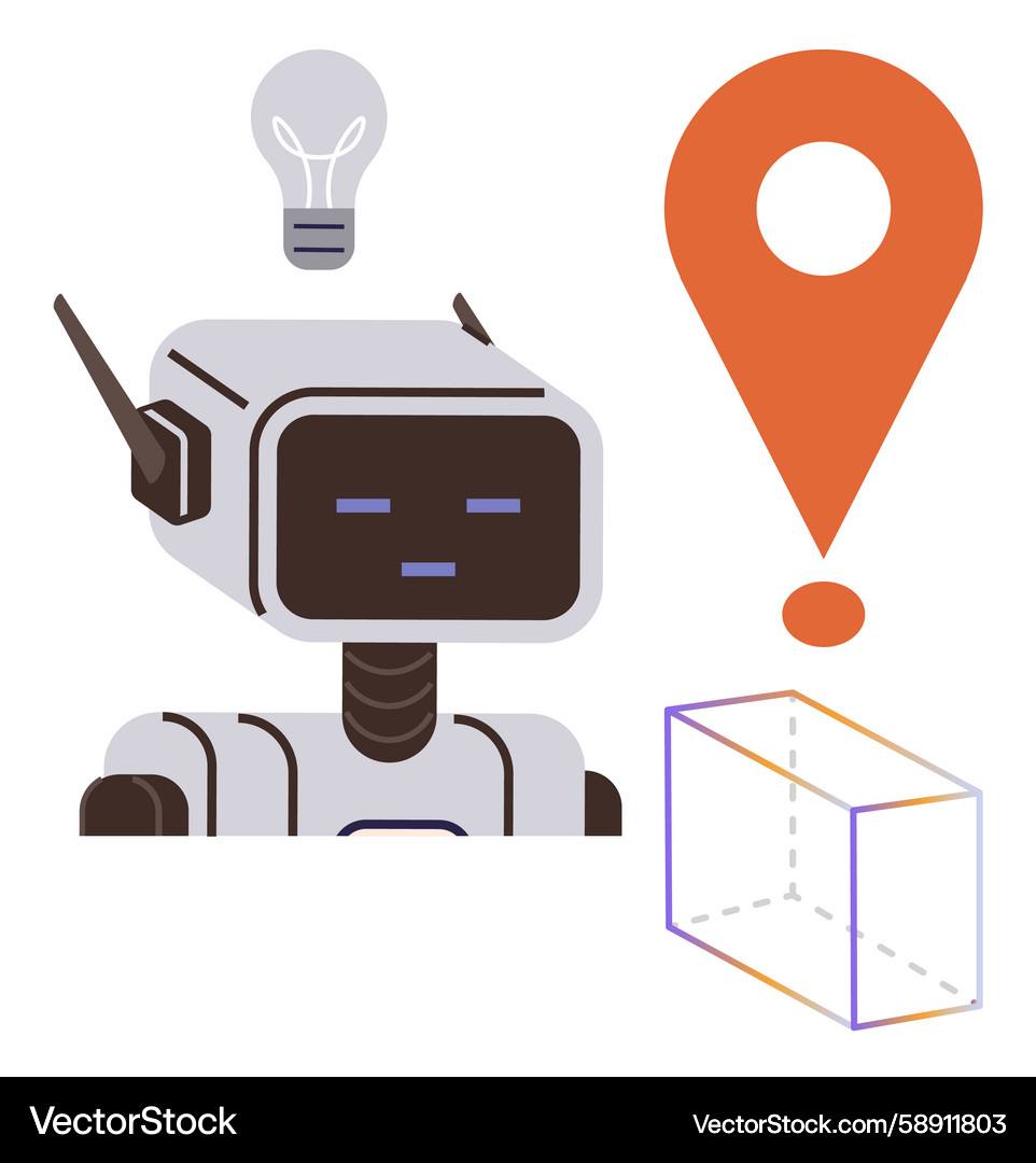 Robot with lightbulb location pin and wireframe Robot with lightbulb location pin and wireframe Vector Image