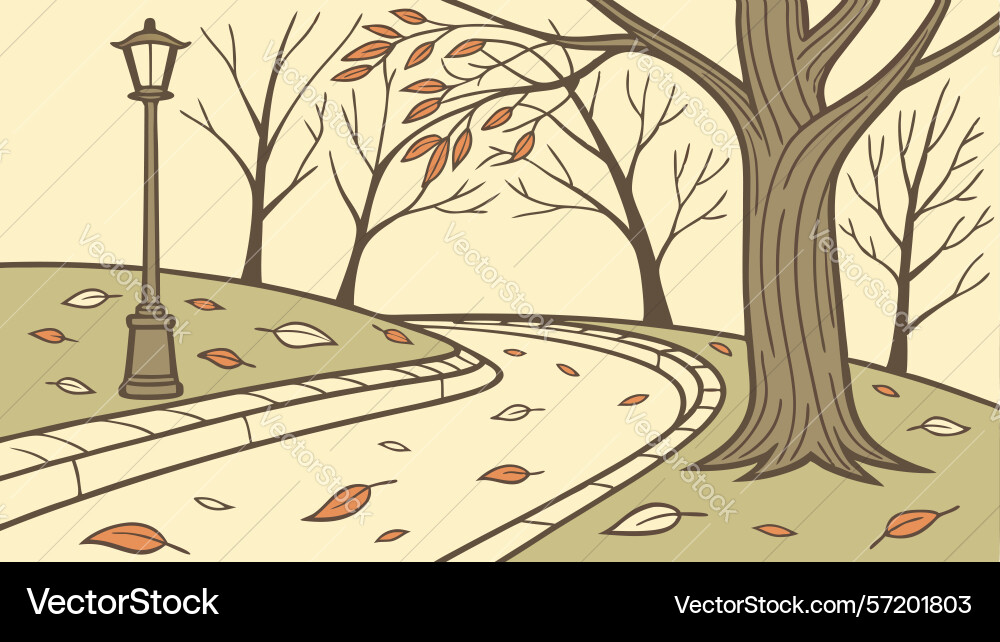 Serene park path in autumn with lamp post design vector image