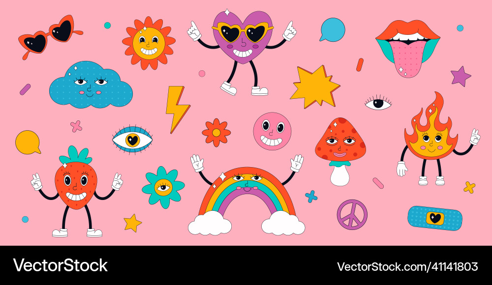 Set of cute characters in psychedelic 70s style Set of cute characters in psychedelic 70s style vector image