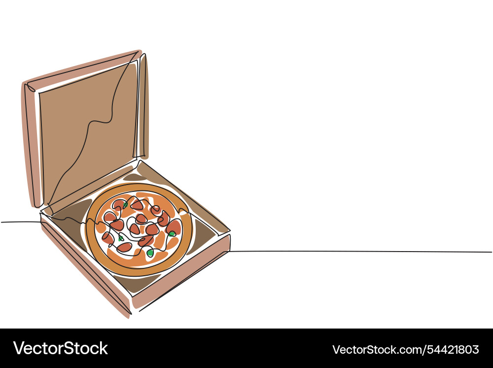 Single continuous line drawing pizza in a box Single continuous line drawing pizza in a box Vector Image