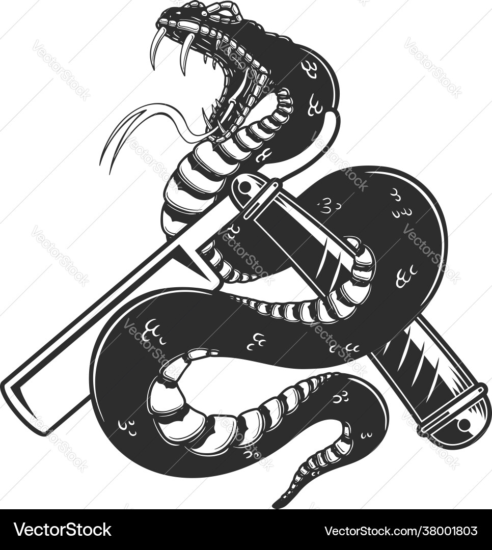 Snake on barber razor design element for poster Vector Image