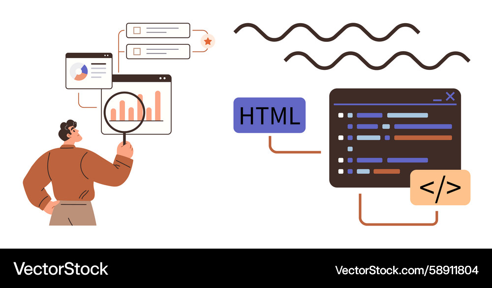 Data analyst reviewing graphs and developer Vector Image