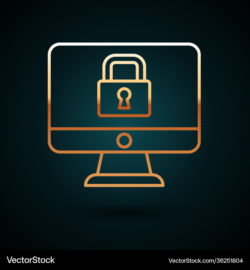 Gold line lock on computer monitor screen icon Gold line lock on computer monitor screen icon vector image