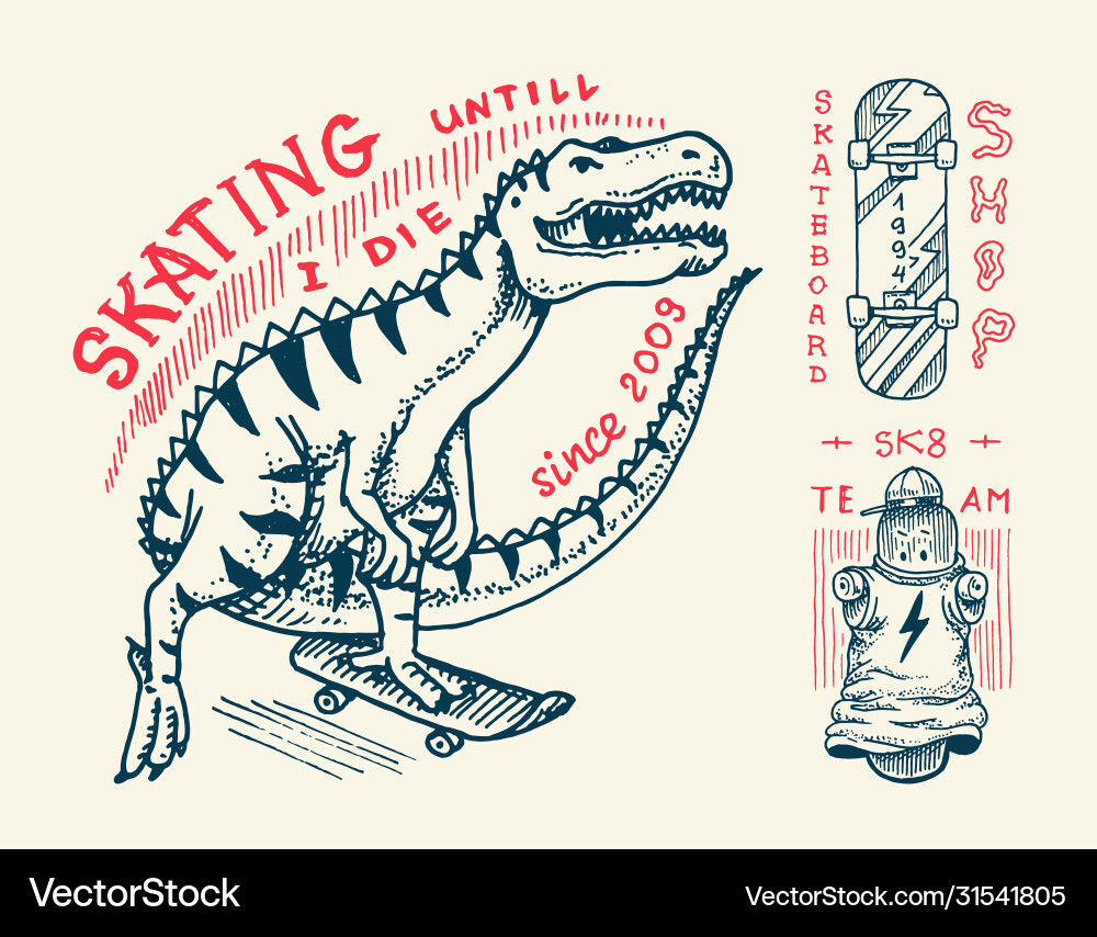 Retro Skateboard Badges - Dino & Skull Vector Image