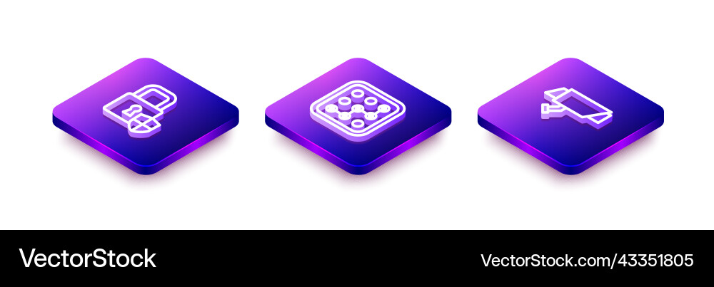 Set isometric line shield security with lock Vector Image