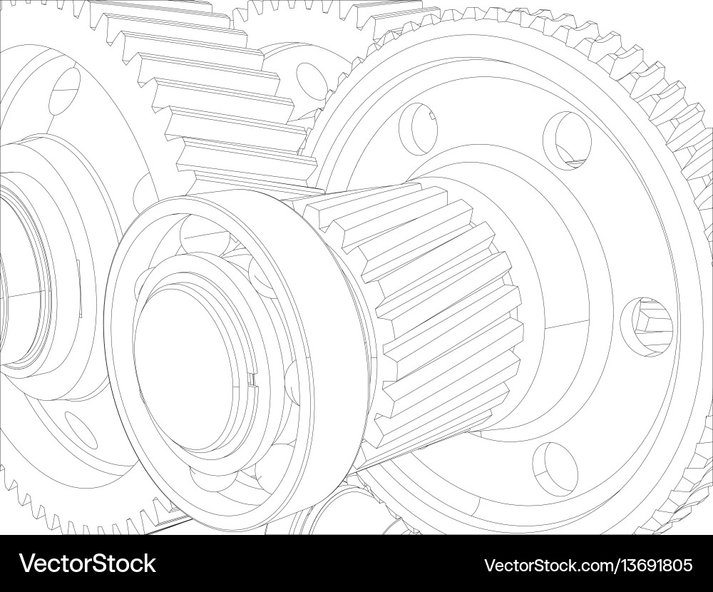 Wire-frame gears with shafts close-up Vector Image