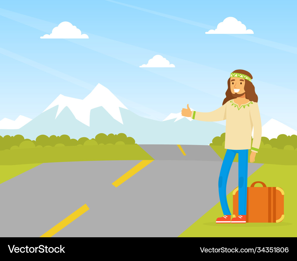 Hippie man character hitchhiking wearing Hippie man character hitchhiking wearing vector image
