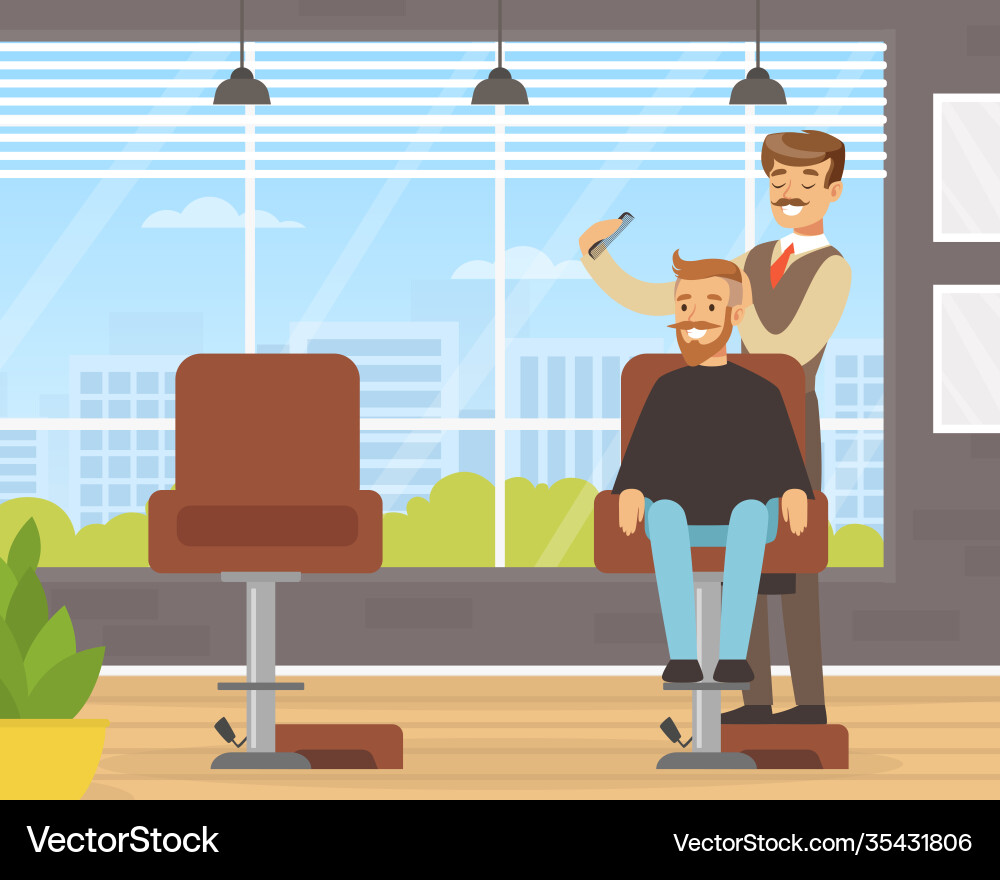 Man Cutting Hair in Barber Shop Vector Image