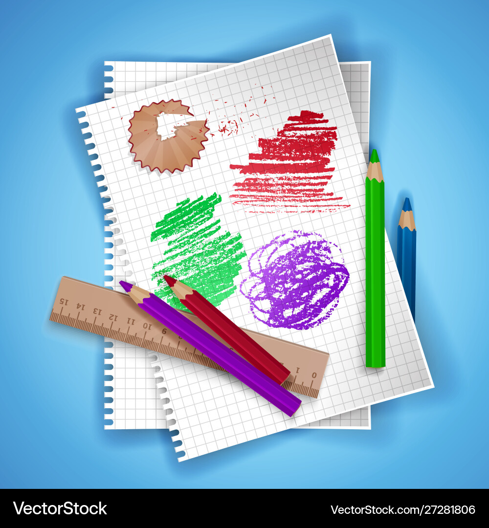 Notebook sheet and school supplies on colorful Notebook sheet and school supplies on colorful Vector Image