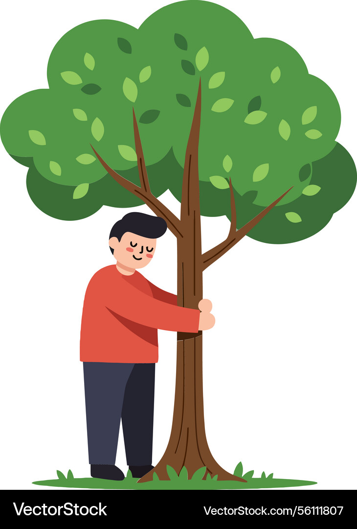 A boy hugging large green tree in minimal A boy hugging large green tree in minimal vector image