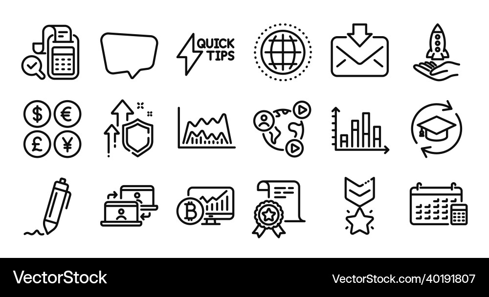 Bitcoin chart signature and globe line icons set Bitcoin chart signature and globe line icons set vector image