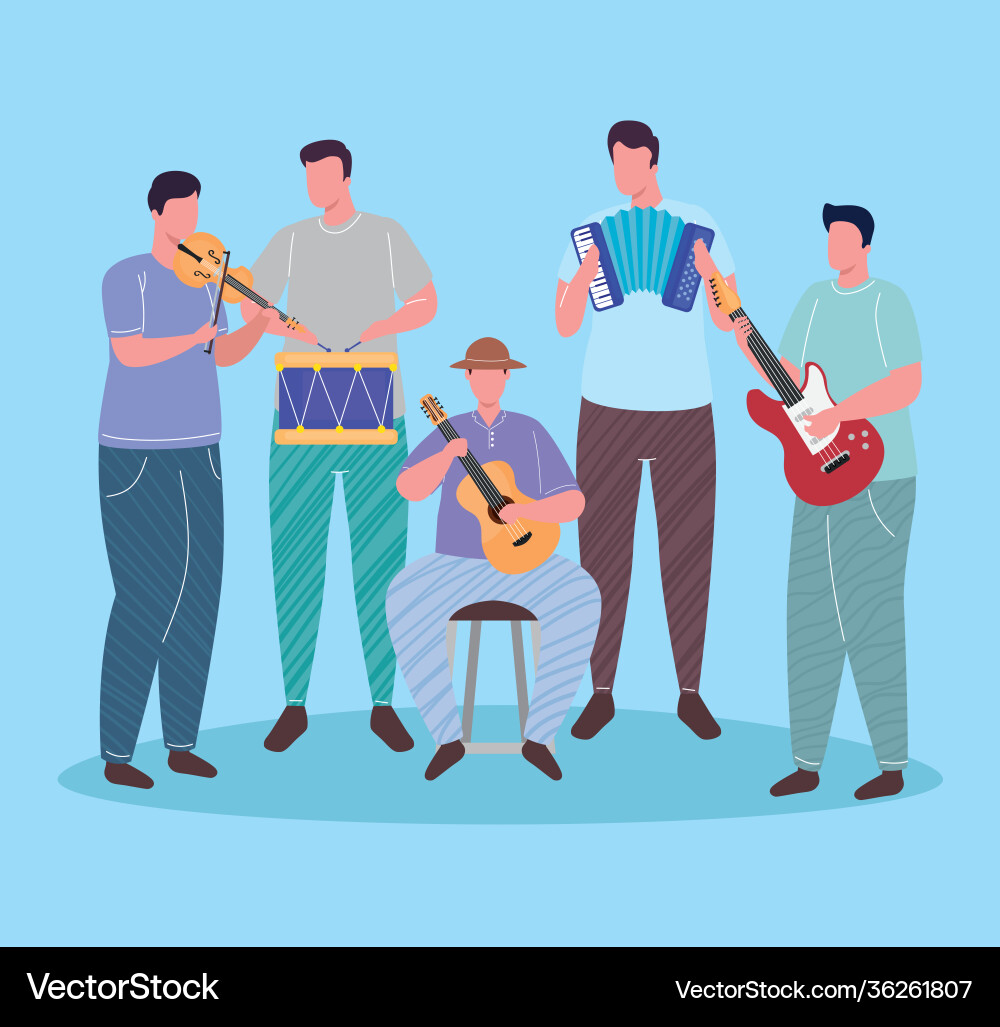 Group orchest playing instruments characters Vector Image