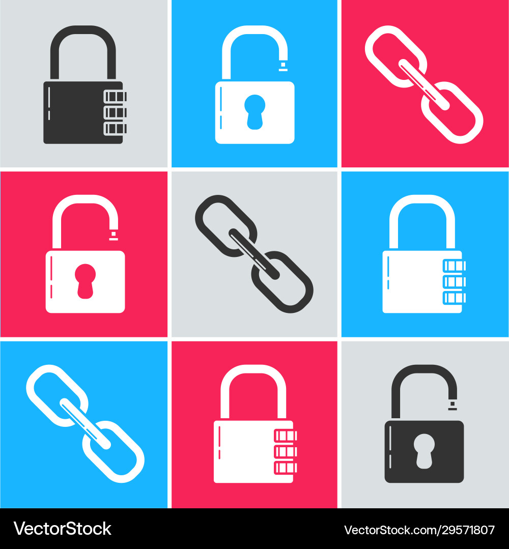 Set safe combination lock open padlock and chain Set safe combination lock open padlock and chain vector image