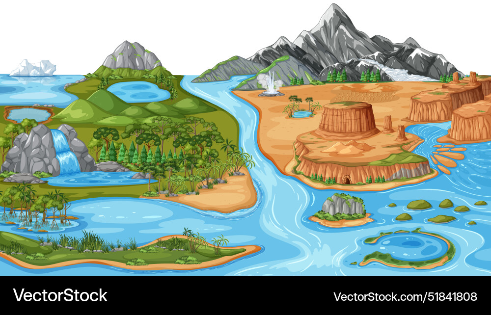 Depiction of various natural landscapes and water Depiction of various natural landscapes and water vector image
