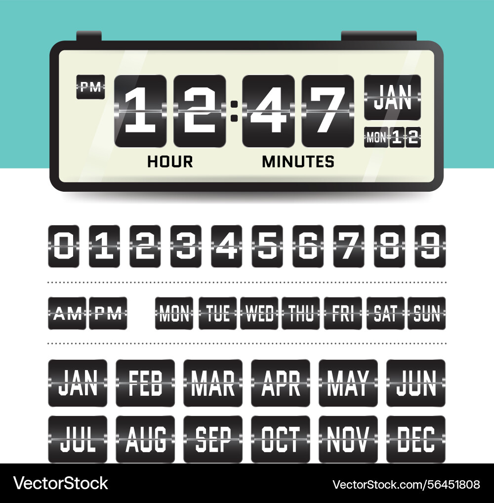 Digital flip clock ui elements set vector image