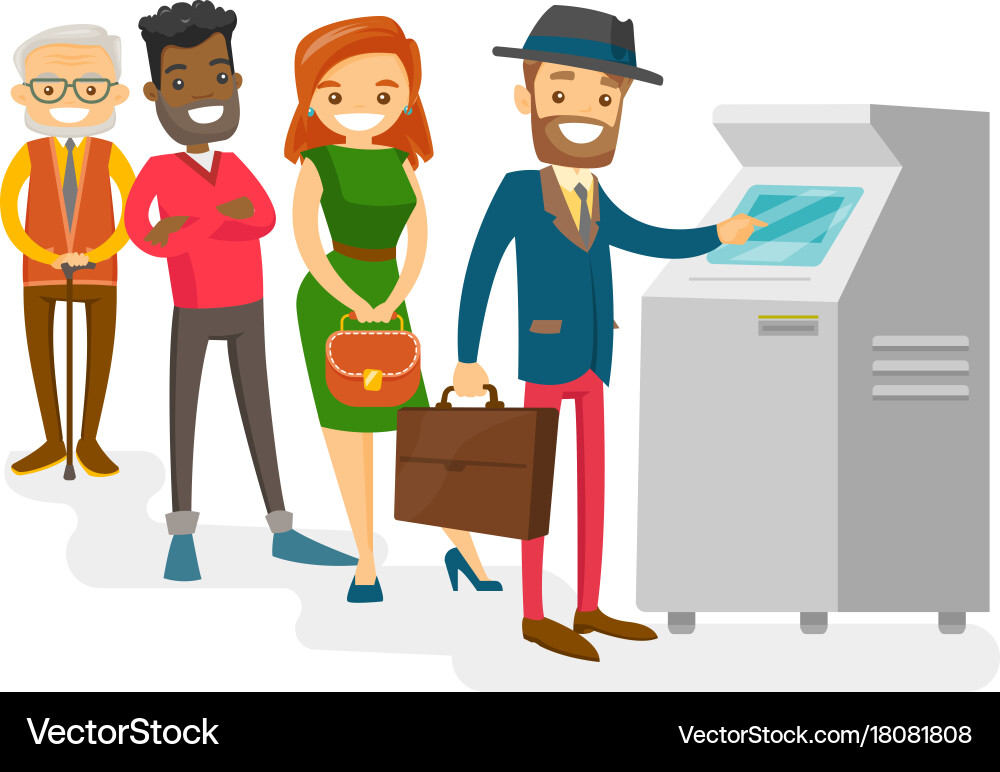 Multicultural people standing in a queue to atm Vector Image