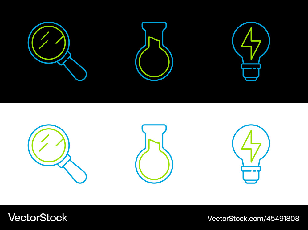 Set line light bulb with lightning magnifying Set line light bulb with lightning magnifying Vector Image