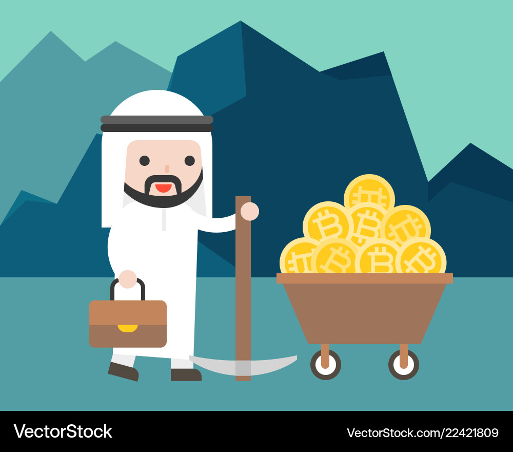Arab businessman hold a pickaxe with bitcoin – Royalty-Free Vector |  VectorStock