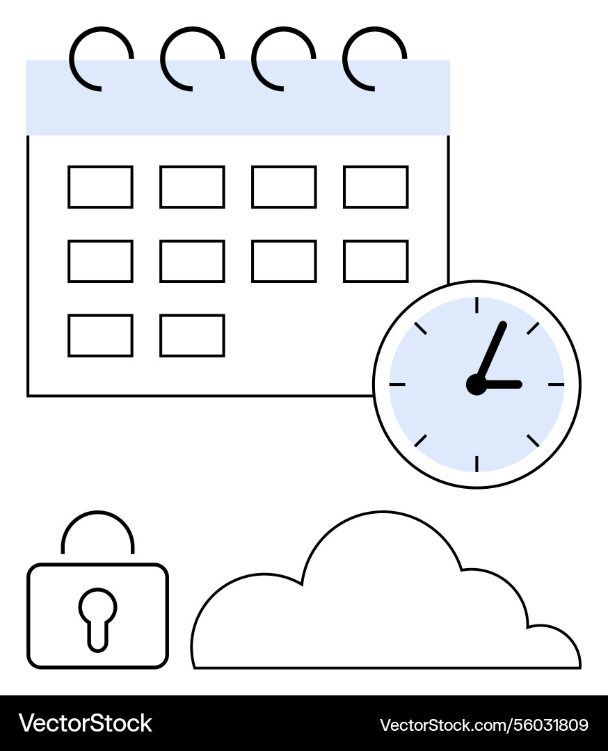 Calendar with clock lock and cloud representing Calendar with clock lock and cloud representing vector image