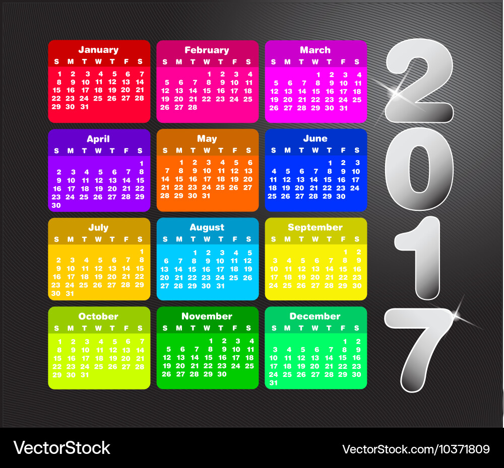 Colorful calendar for 2017 week starts on sunday Vector Image