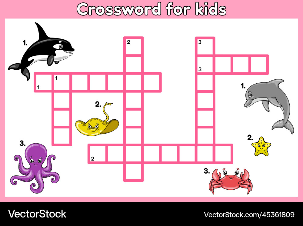 Crossword for kids with cartoon sea animals Crossword for kids with cartoon sea animals vector image
