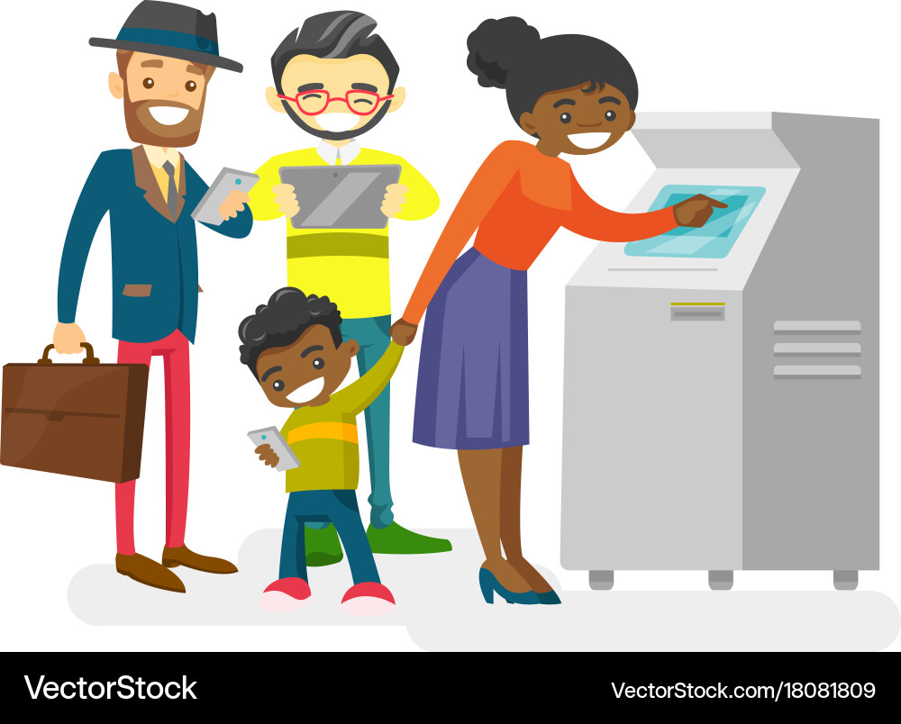 Multicultural people standing in a queue to atm vector image
