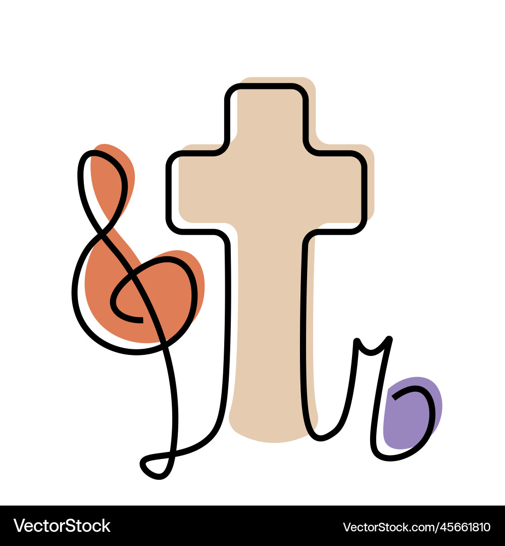 Cross and music note treble clef in linear Cross and music note treble clef in linear vector image