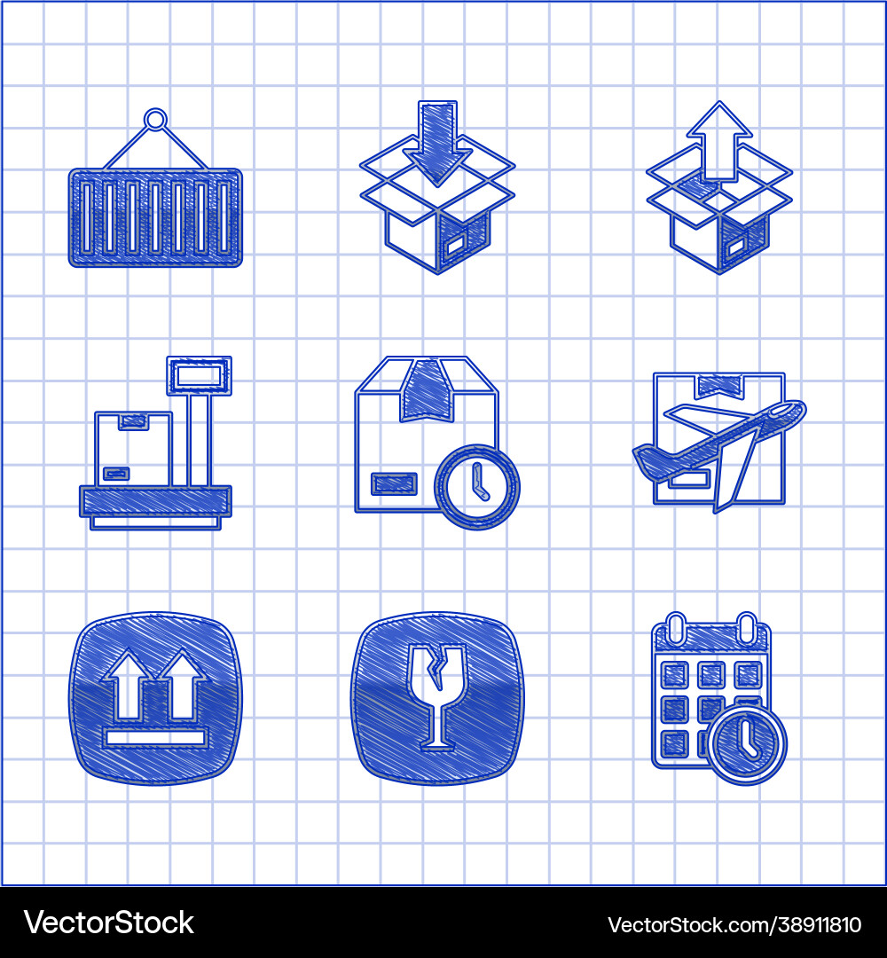 Set cardboard box with clock fragile broken glass Set cardboard box with clock fragile broken glass Vector Image