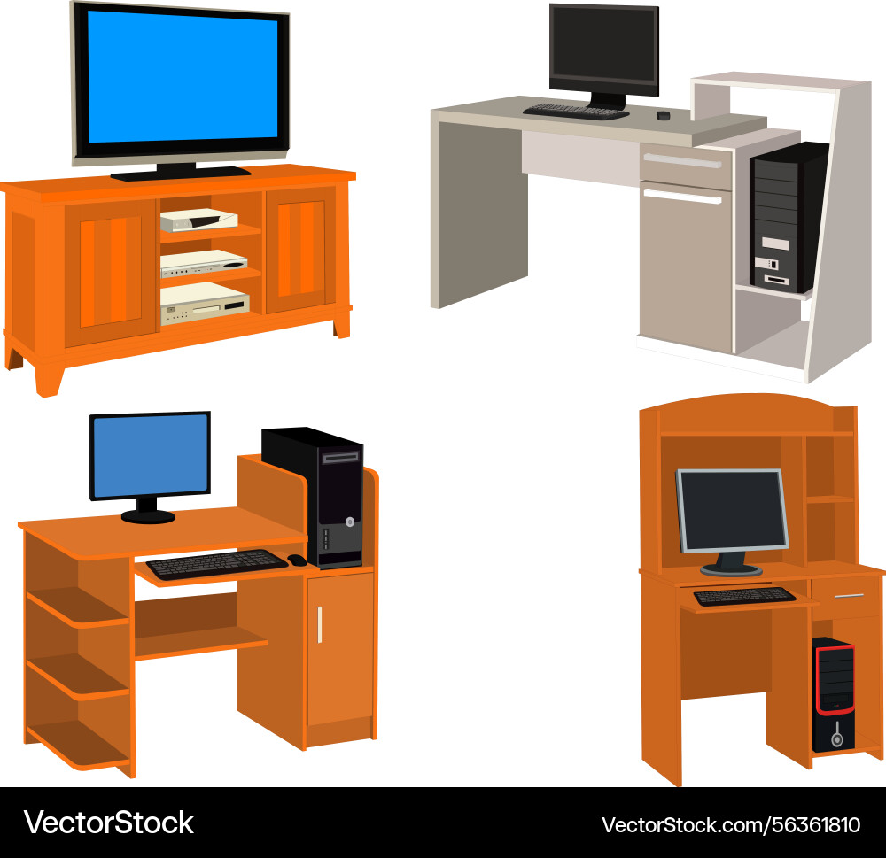 Set of a computer desk with monitor Set of a computer desk with monitor vector image