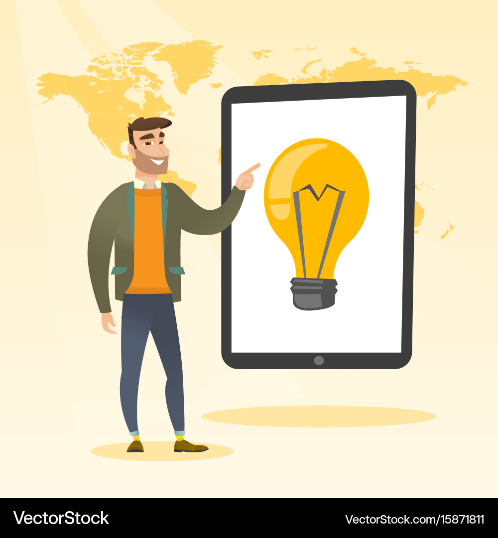 Caucasian pointing at a big tablet computer vector image
