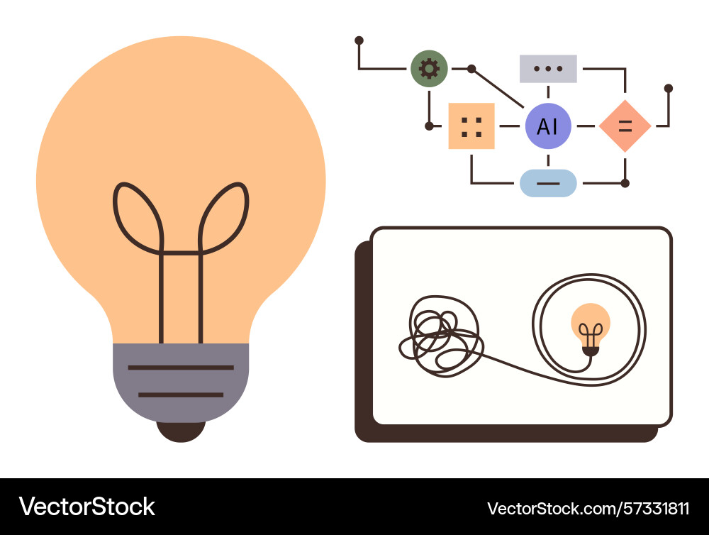 Lightbulb process map and tangled line depicting Lightbulb process map and tangled line depicting vector image