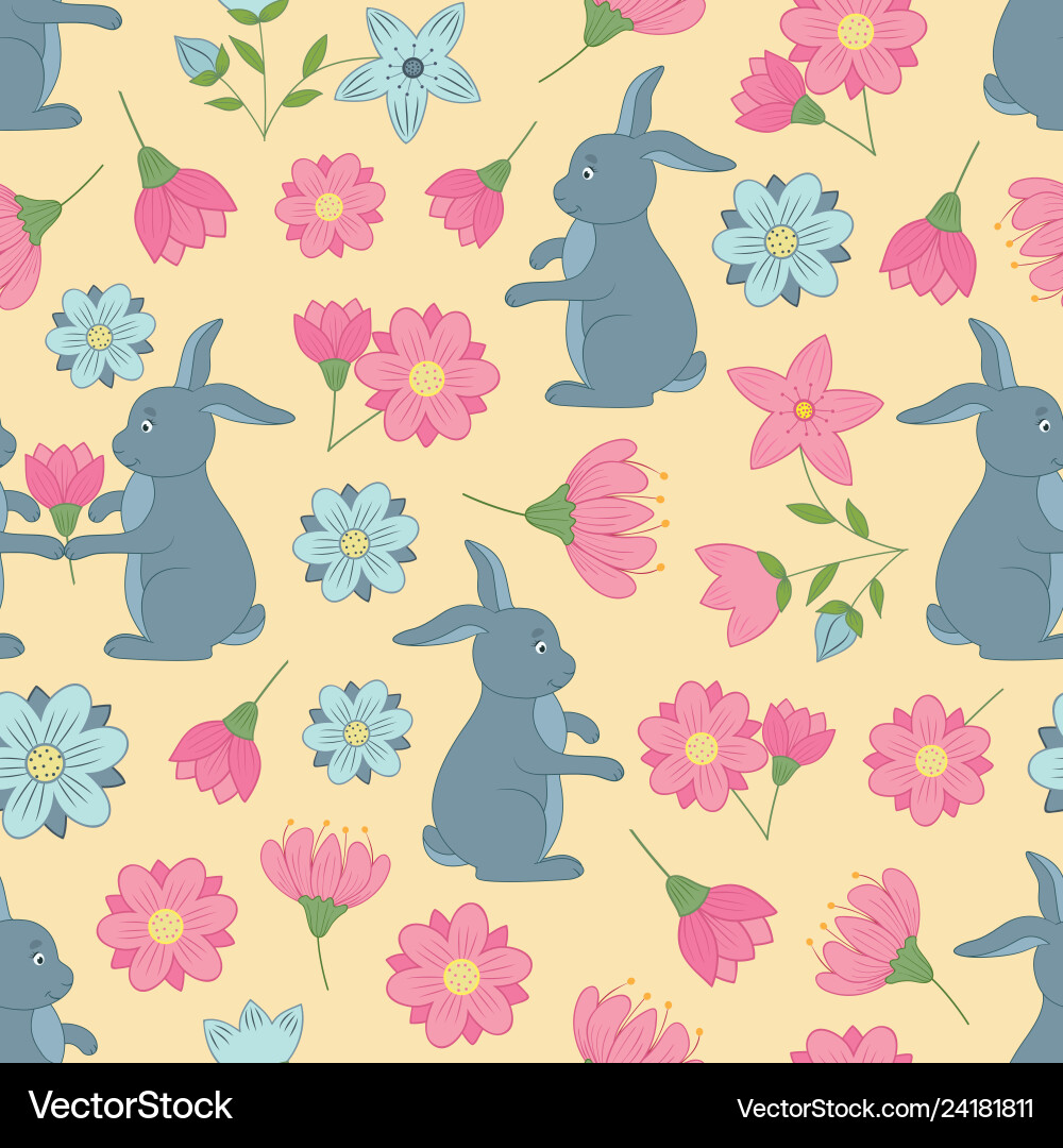 Spring seamless pattern with flowers and rabbits Vector Image