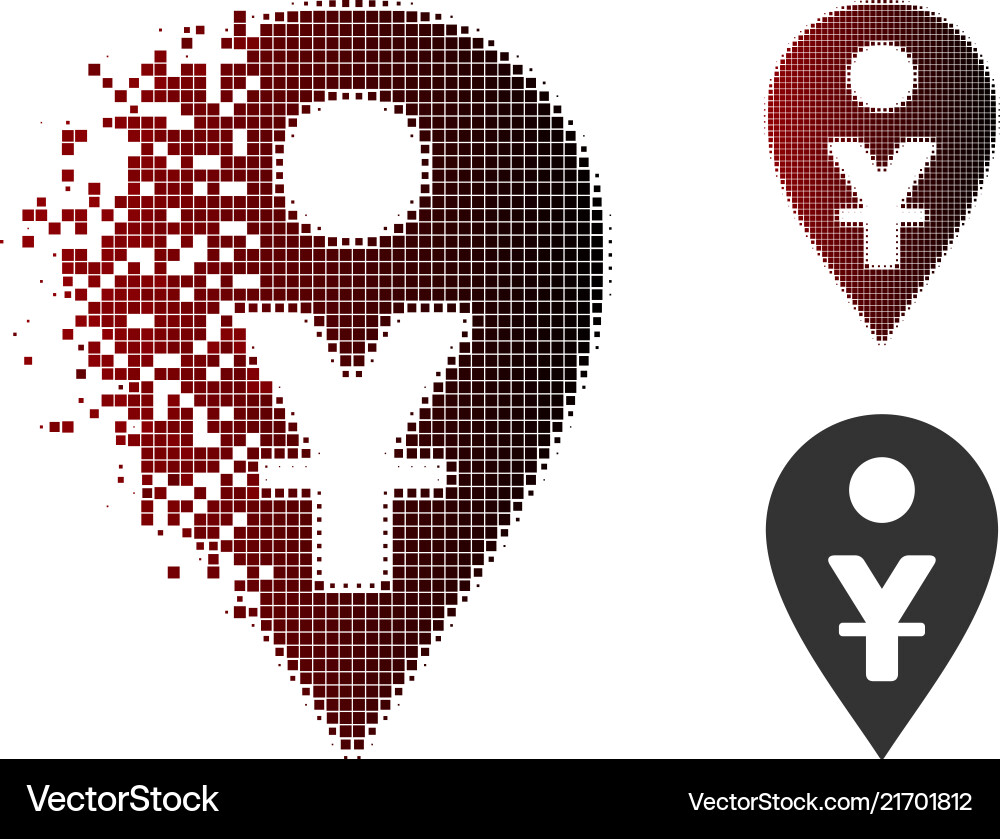 Broken pixel halftone yuan map marker icon Broken pixel halftone yuan map marker icon vector image