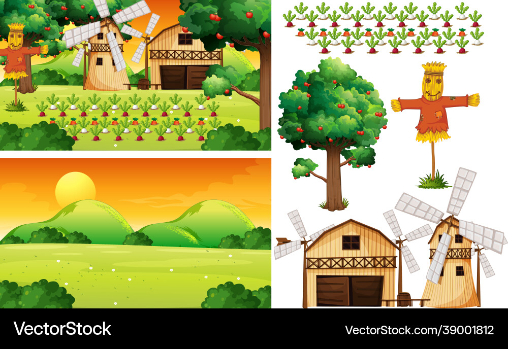 Farm element set isolated with scence Farm element set isolated with scence Vector Image