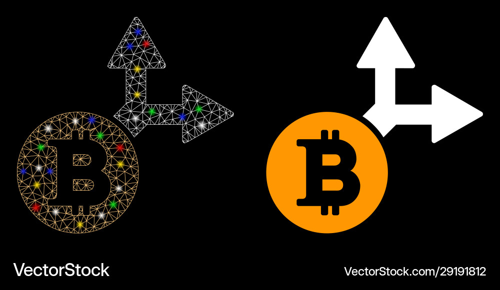 Glowing mesh carcass bitcoin fork icon with flash Glowing mesh carcass bitcoin fork icon with flash vector image