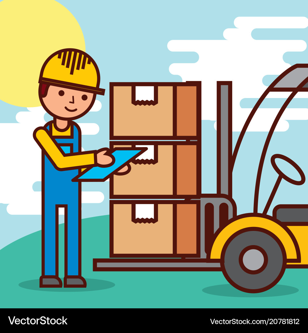 Logistic worker and forklift loading boxes Logistic worker and forklift loading boxes Vector Image
