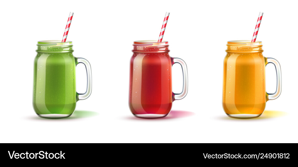 Realistic smoothie in mason jar glass set Realistic smoothie in mason jar glass set vector image