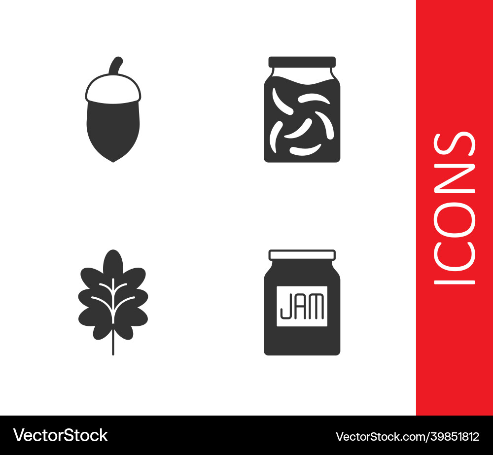 Set jam jar acorn leaf and pickled cucumbers Set jam jar acorn leaf and pickled cucumbers Vector Image