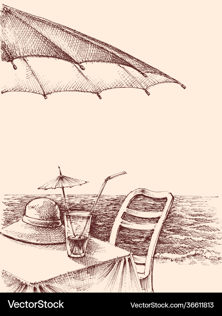 Beach bar drawing drinks and sun hat on table Beach bar drawing drinks and sun hat on table vector image