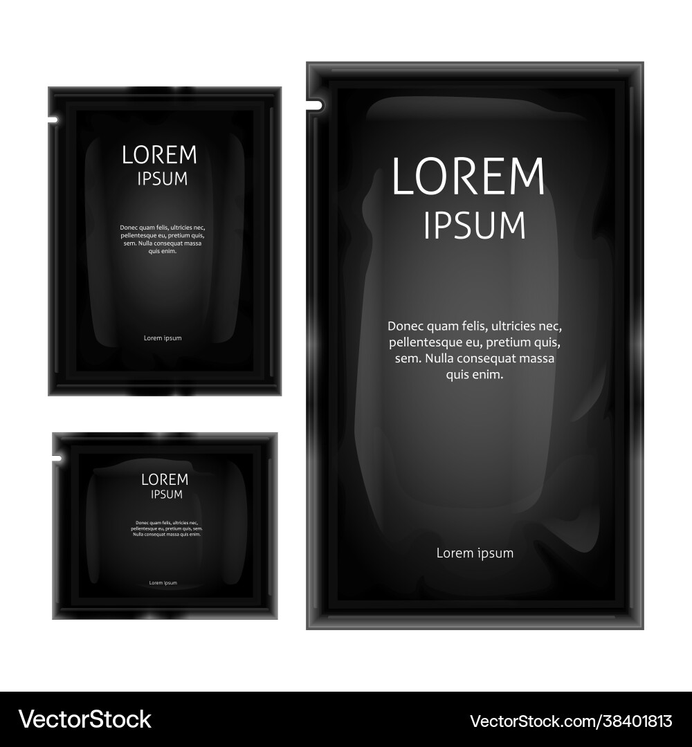 Black blank sachet foil bag package mockup Black blank sachet foil bag package mockup vector image