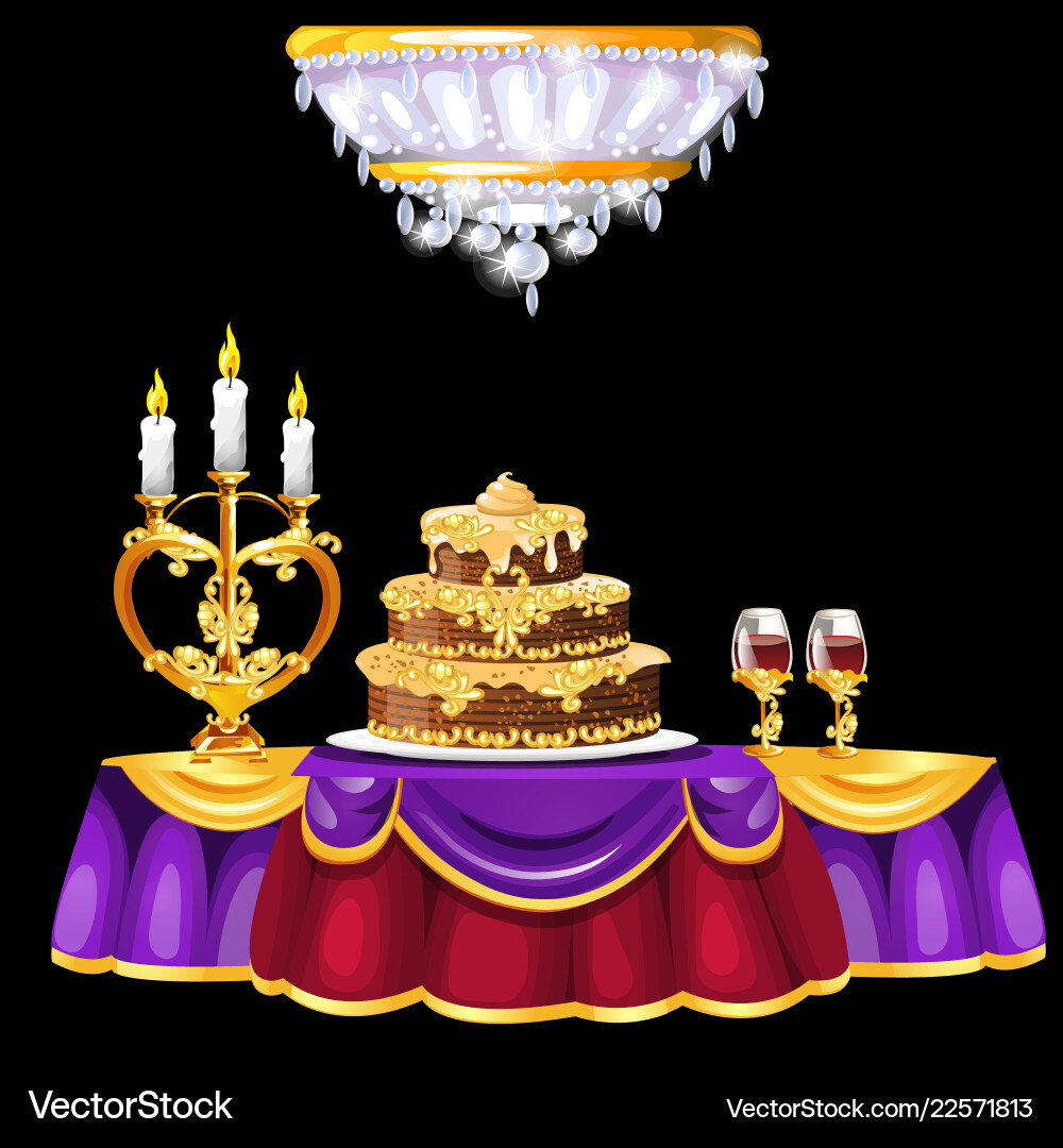 Festive table with a luxurious cake glasses Festive table with a luxurious cake glasses vector image