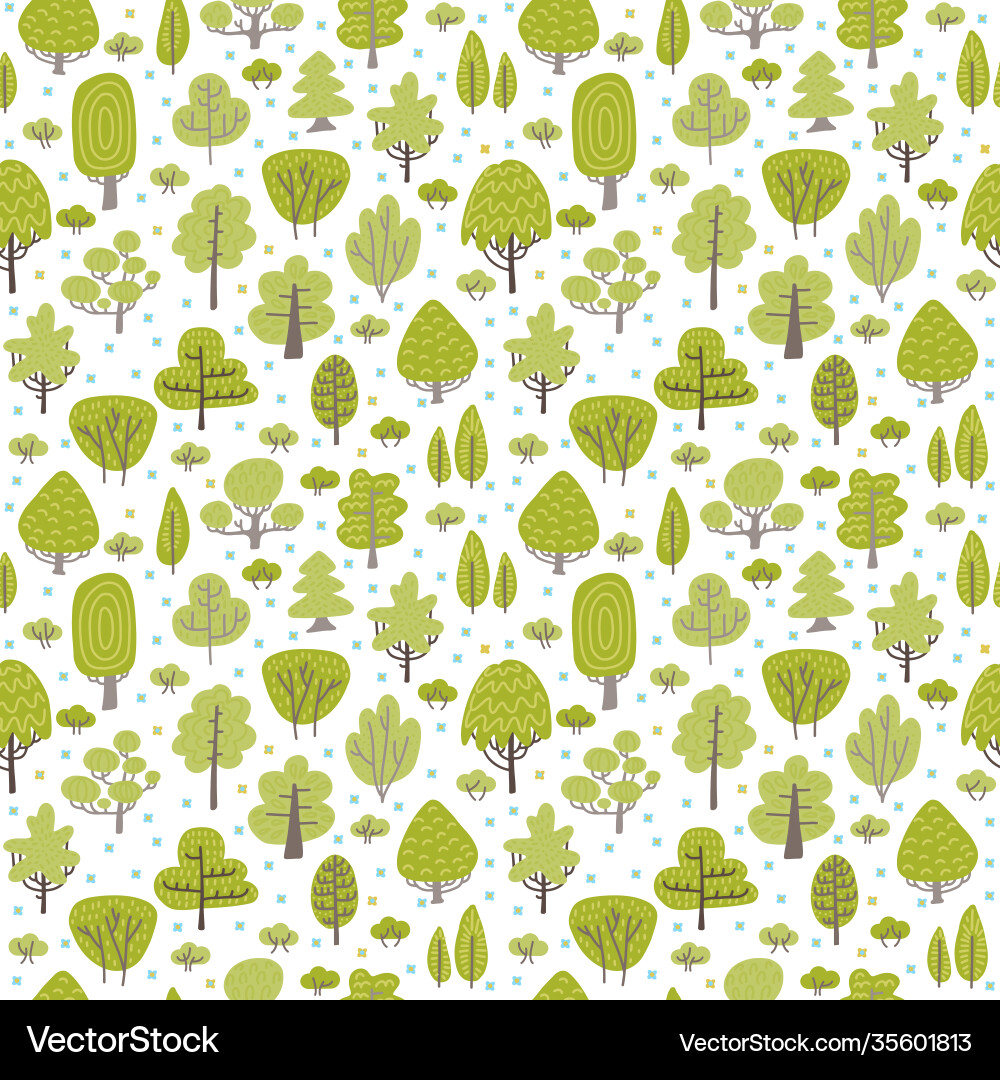 Seamless green pattern with different trees hand Seamless green pattern with different trees hand vector image