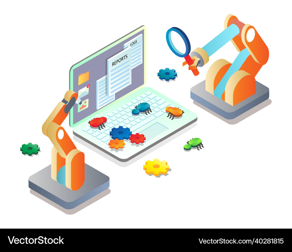 Automated testing software isometric Automated testing software isometric vector image