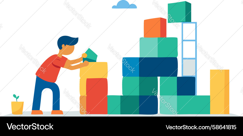 Child Building a Tower with Blocks Vector Image