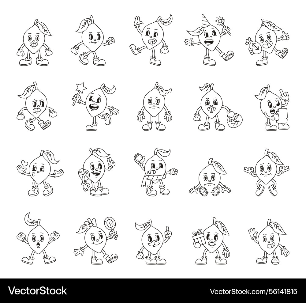 Groovy retro lemon fruit character doing fun Groovy retro lemon fruit character doing fun Vector Image