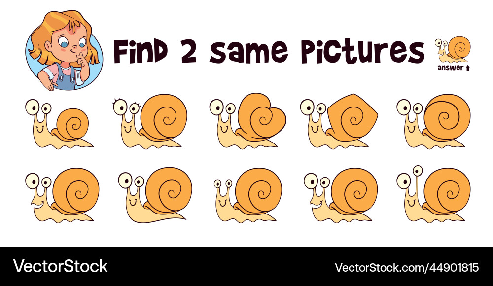 Snail - find two same objects educational game Snail - find two same objects educational game vector image