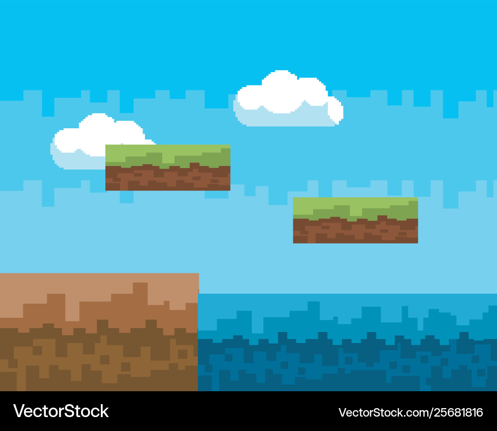 Arcade game world and pixel scene design Vector Image